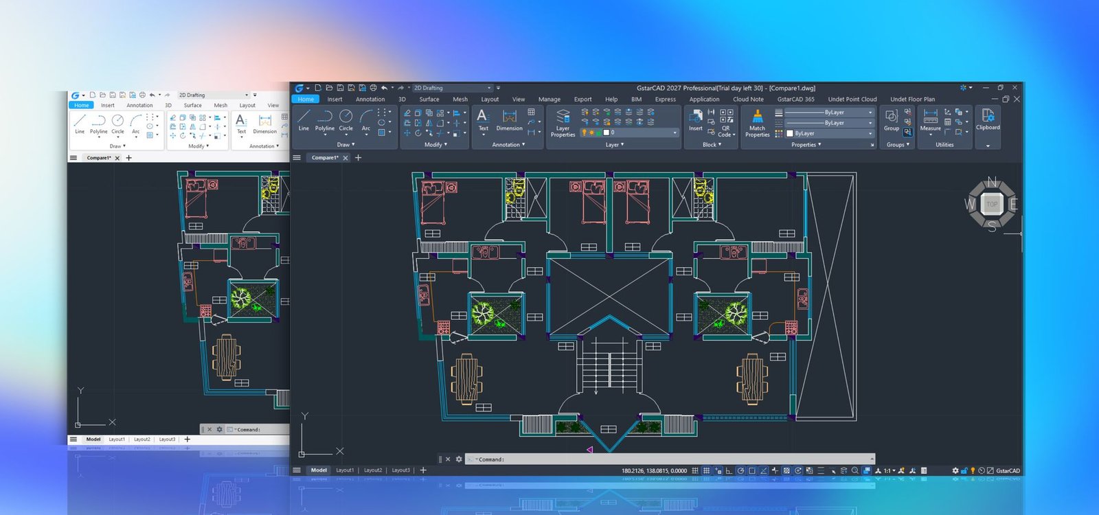 GstarCAD 2027 com dois desenhos em janelas flutuantes